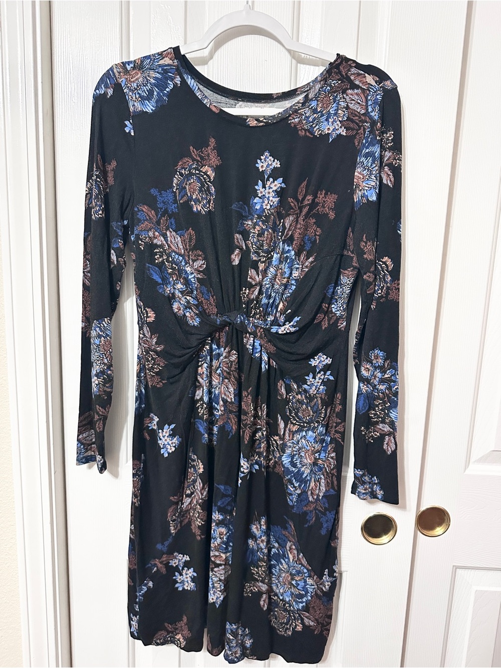 Maurices Black Floral Knot-Front Long Sleeve Dress